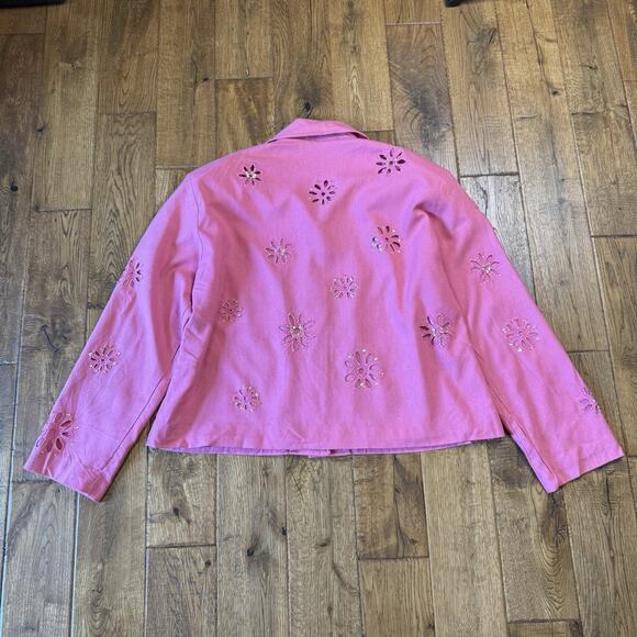 Bala Bala Womens 100% Silk Blazer Pink Eyelet Flower Sequin Embroidered Women XL - Picture 5 of 5